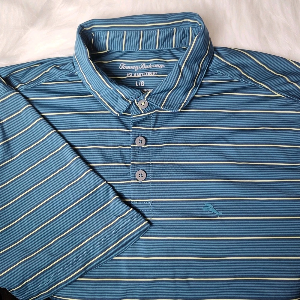 Tommy Bahama Polo Shirt Mens Large Blue IslandZone Striped Short Sleeve Golf Top